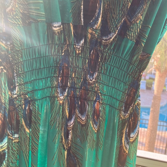 Green Multicolored V Neck Sleeveless Peacock Print Maxi Dress Sz M - Picture 14 of 14